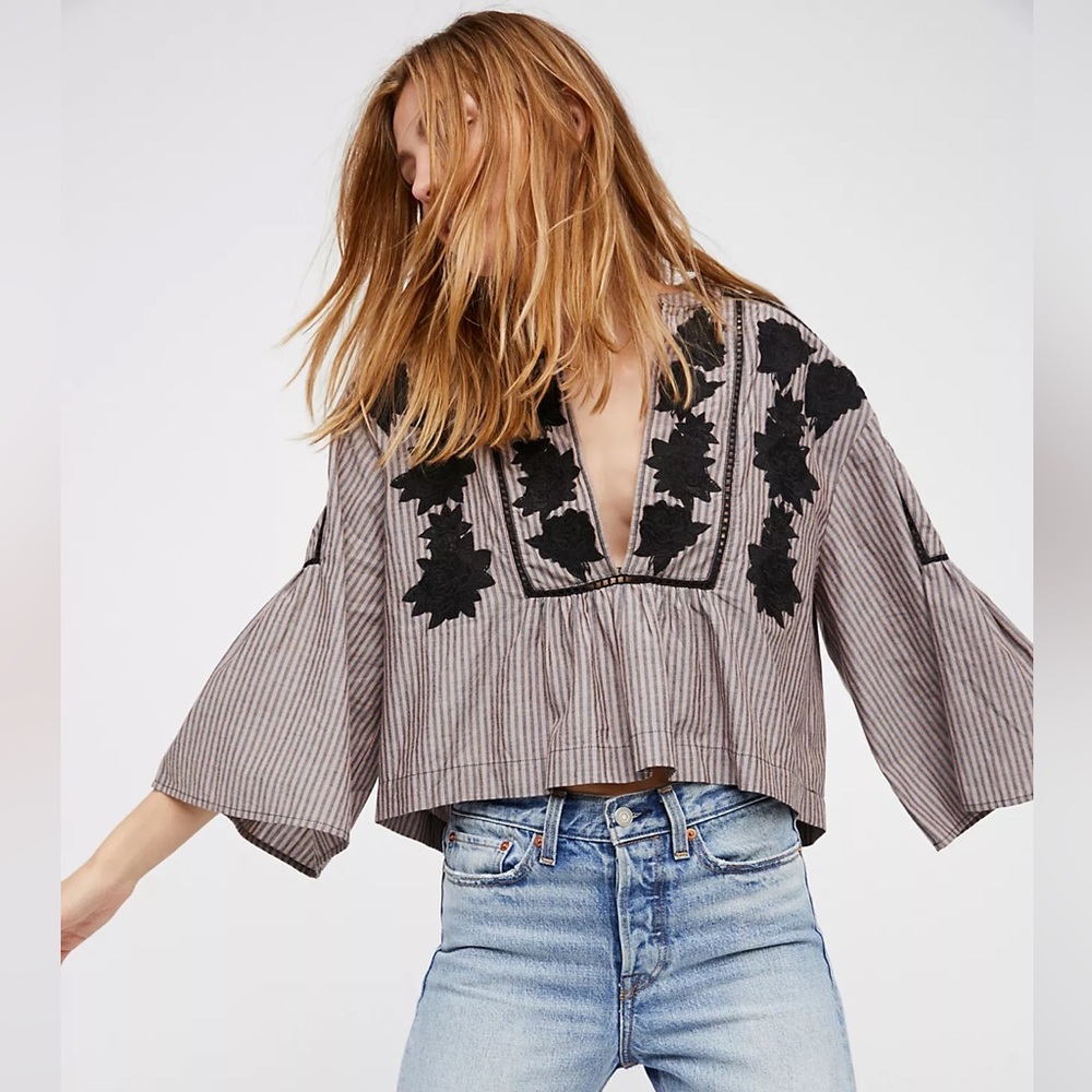 Free People Liya Embroidered top black floral detail deep v neck - Picture 1 of 14